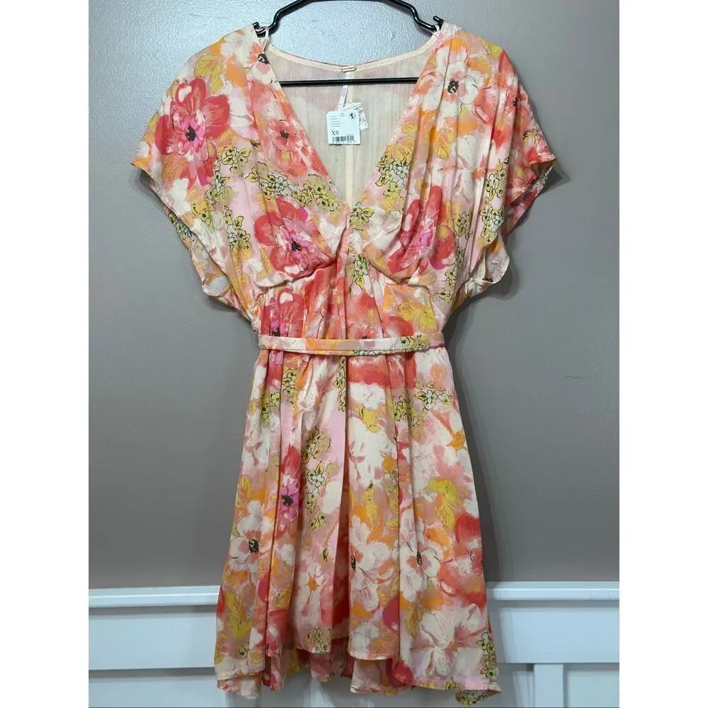 NWT Free People Freddy Pink Floral Print Short Sleeve Tie Mini Dress Women's XS